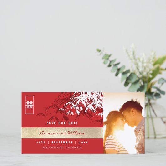 Rood Wit Zen Bamboe Bladeren Foto Chinese bruiloft Save The Date (Staand voorkant)