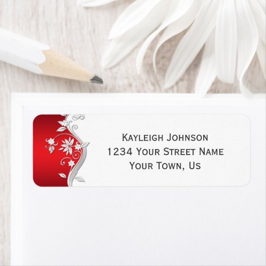 Rood Wit Zilver Bloemen Swirls Etiket (Insitu)