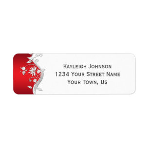  Rood Wit Zilver Bloemen Swirls Etiket