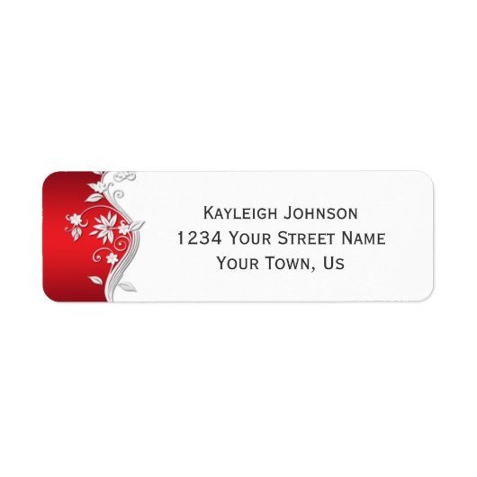  Rood Wit Zilver Bloemen Swirls Etiket (Voorkant)