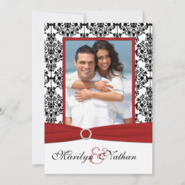 Rood, Wit, & Zwart Damast II Foto Bruiloft Uitnodi Kaart