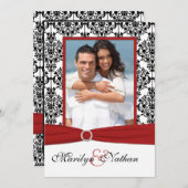 Rood, Wit, & Zwart Damast II Foto Bruiloft Uitnodi Kaart (Voorkant / Achterkant)