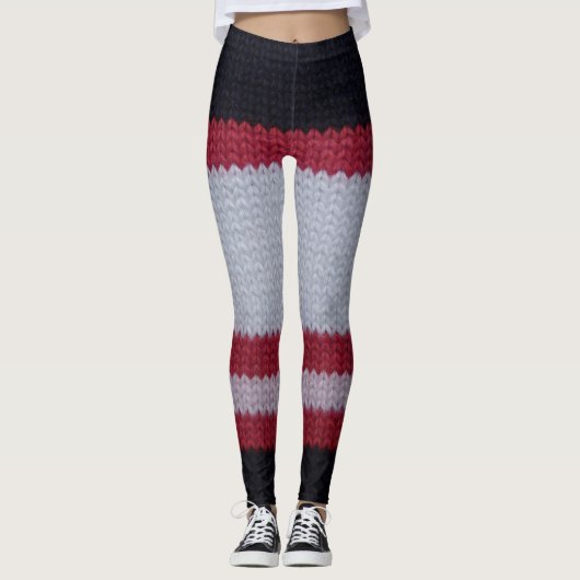 Rood Wit Zwart: Gebreid wollen stof patroon Leggings (Voorkant)