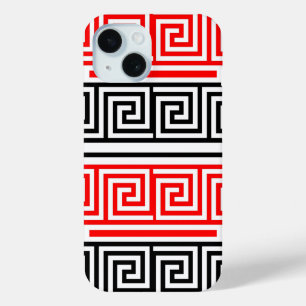 Rood Wit Zwart Grieks Key Fret Patroon Ontwerp iPhone 15 Case