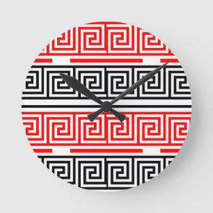 Rood Wit Zwart Grieks Key Fret Patroon Ontwerp Ronde Klok