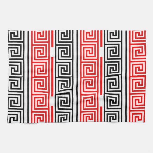 Rood Wit Zwart Grieks Key Fret Patroon Ontwerp Theedoek (Horizontaal)