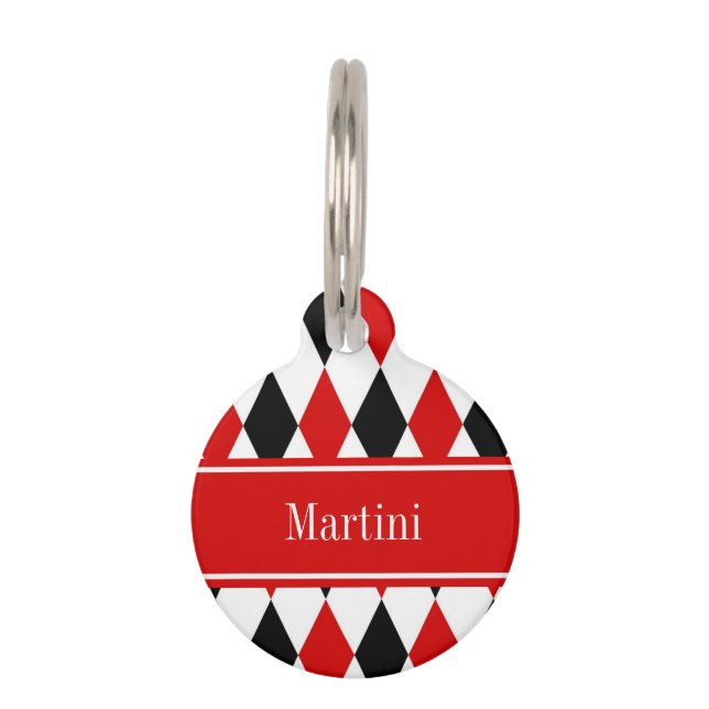 Rood Wit Zwart Harlekijn Rood Lint Naam Monogram Huisdierpenning (Voorkant)