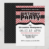 Rood Wit Zwart Herringbone Verjaardag Uitnodigen Kaart (Voorkant / Achterkant)