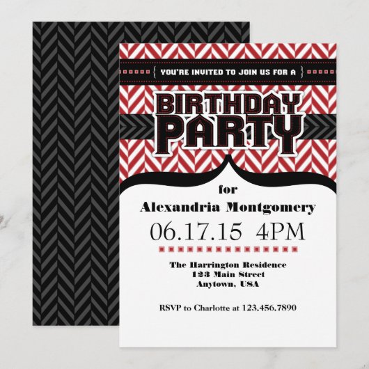 Rood Wit Zwart Herringbone Verjaardag Uitnodigen Kaart (Voorkant / Achterkant)