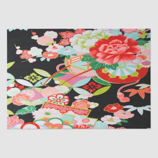 Rood Wit Zwart Japans Kimono Bloemen Decoupage Tissuepapier (Voorkant)