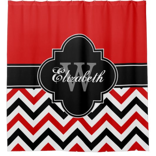 Rood Wit Zwart LG Chevron 1ICBR Naam Monogram Douchegordijn (Voorkant)