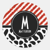 Rood Wit Zwart Patroon Monogram Aangepast Ronde Sticker (Voorkant)