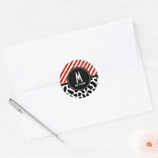 Rood Wit Zwart Patroon Monogram Aangepast Ronde Sticker (Envelop)