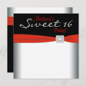 Rood Wit Zwart Sweet 16 Verjaardagsfeest Kaart (Voorkant / Achterkant)