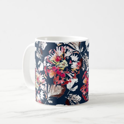 Rood, witte bloemen op blauw. koffiemok (Voorkant links)