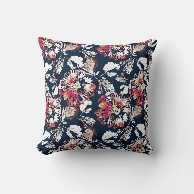 Rood, witte bloemen op blauw. kussen (Voorkant)