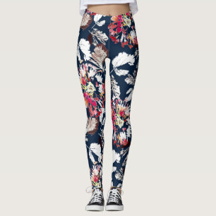 Rood, witte bloemen op blauw. leggings