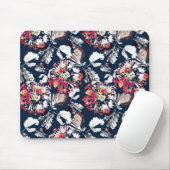 Rood, witte bloemen op blauw. muismat (Met muis)