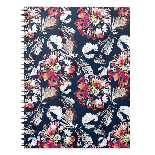 Rood, witte bloemen op blauw. notitieboek (Voorkant)