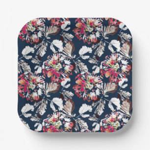 Rood, witte bloemen op blauw. papieren bordje
