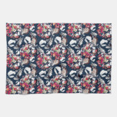 Rood, witte bloemen op blauw. theedoek (Horizontaal)