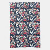 Rood, witte bloemen op blauw. theedoek (Verticaal)