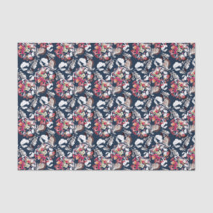 Rood, witte bloemen op blauw. tissuepapier