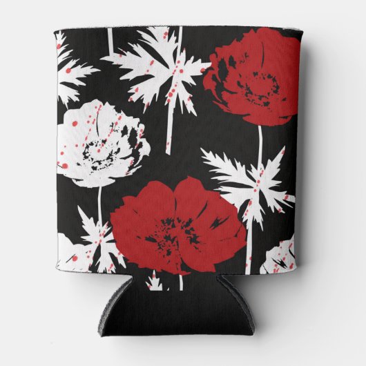 Rood, witte bloemen op zwart blikjeskoeler (Voorkant)