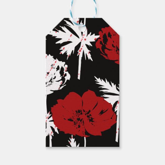 Rood, witte bloemen op zwart cadeaulabel (Voorkant)