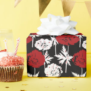 Rood, witte bloemen op zwart cadeaupapier