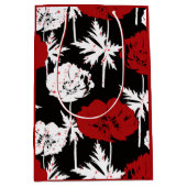 Rood, witte bloemen op zwart. medium cadeauzakje (Voorkant)