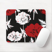 Rood, witte bloemen op zwart. muismat (Met muis)