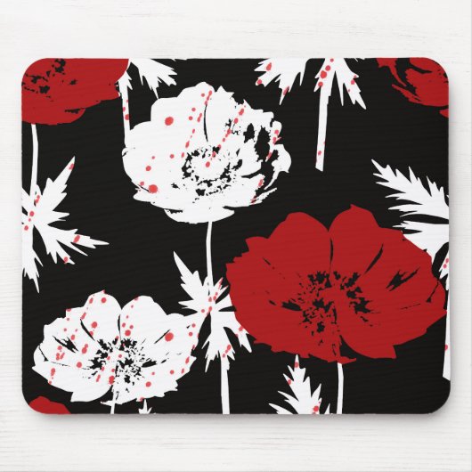 Rood, witte bloemen op zwart. muismat (Voorkant)