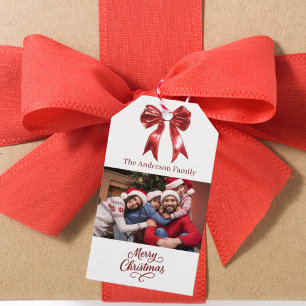 Rood witte boog foto script Kerstmis Cadeaulabel