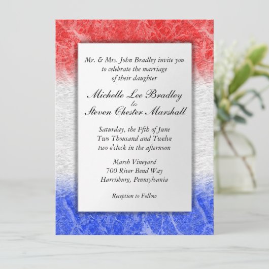 Rood-witte en blauwe marmer-bruiloft kaart (Staand voorkant)
