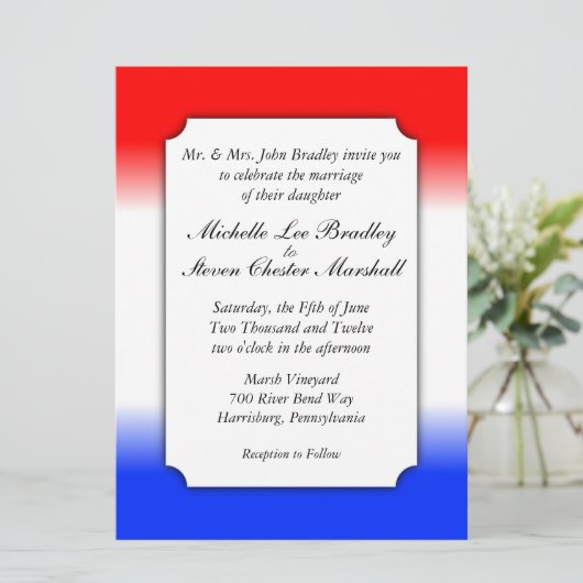 Rood-witte en blauwe streep-bruiloft uitnodigingen (Staand voorkant)