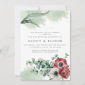 Rood-witte Floral met Eucalyptus Leaves Wedding Kaart (Voorkant)