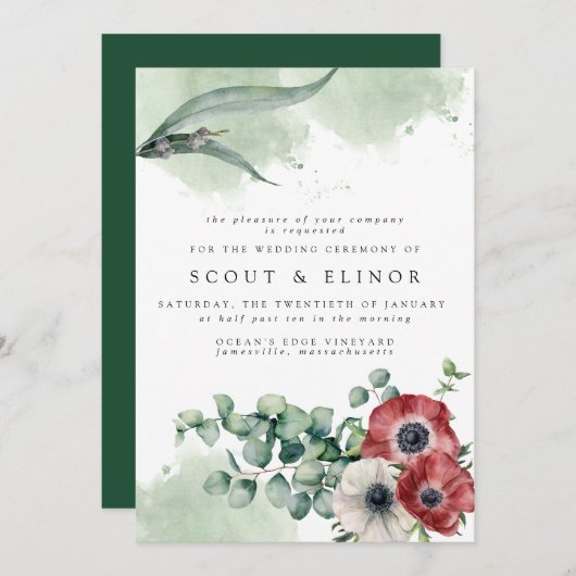 Rood-witte Floral met Eucalyptus Leaves Wedding Kaart (Voorkant / Achterkant)