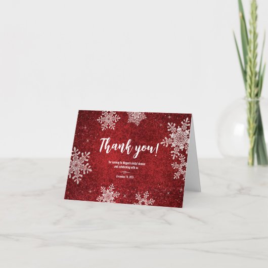 Rood Witte Fluwelen Sneeuwvlok Winter Bruidsdouche Bedankkaart (Voorkant)