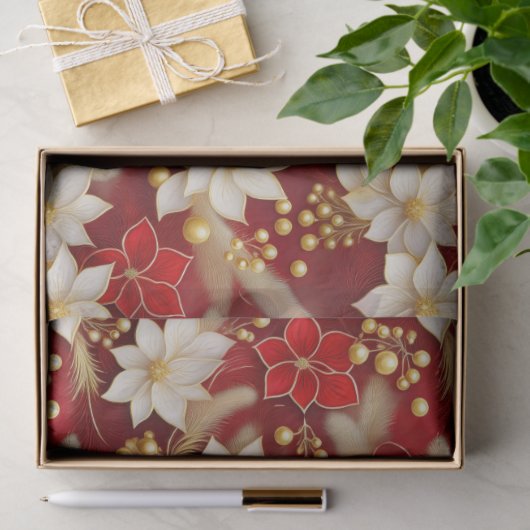Rood Witte Kerst Florale Patroon#17 ID1009 Tissuepapier (Geschenk)