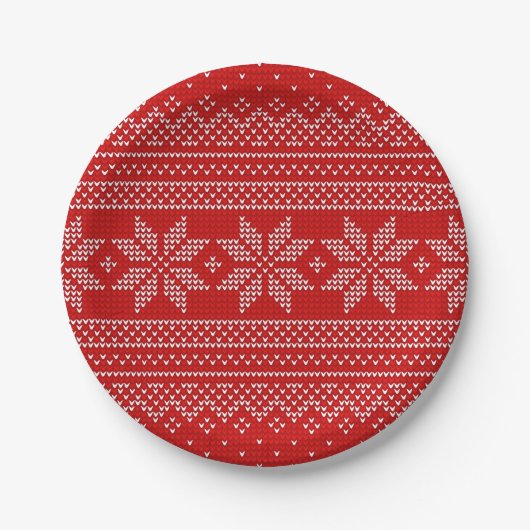 Rood-witte kersttricot papieren bordje (Voorkant)