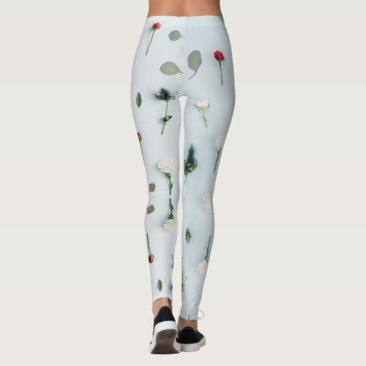 Rood & Witte Rozen en Blauwe Bloemen Patroon Leggings (Achterkant)