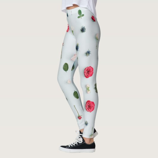 Rood & Witte Rozen en Blauwe Bloemen Patroon Leggings (Links)