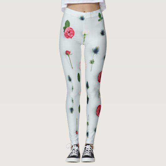 Rood & Witte Rozen en Blauwe Bloemen Patroon Leggings (Voorkant)