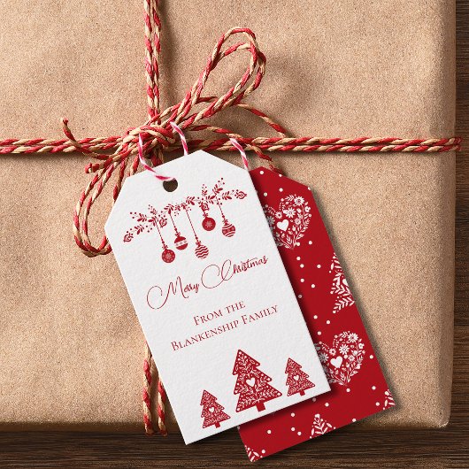 Rood-witte Scandinavische volks kunst Kerstmis Cadeaulabel
