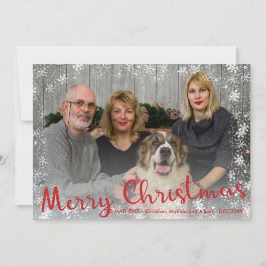 Rood witte sneeuwvlokken rustiek Vrolijk Kerstscri Feestdagenkaart (Voorkant)