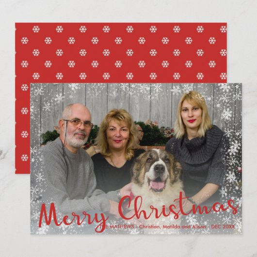 Rood witte sneeuwvlokken rustiek Vrolijk Kerstscri Feestdagenkaart (Voorkant / Achterkant)
