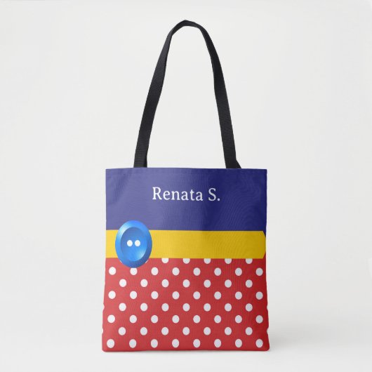 Rood-witte stippen en blauwe knoop tote bag (Voorkant)