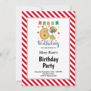 Rood/witte strepen, 6 e verjaardag kaart