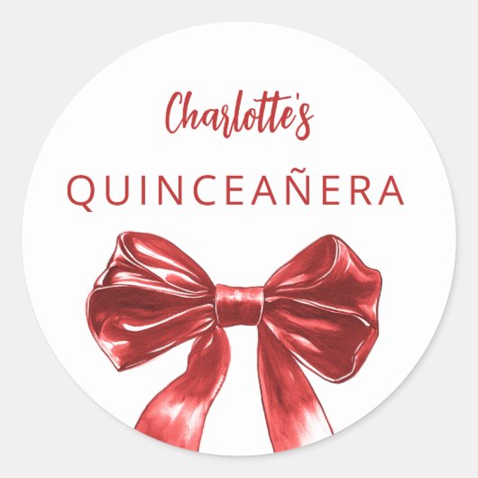 Rood witte strik Quinceanera Ronde Sticker (Voorkant)